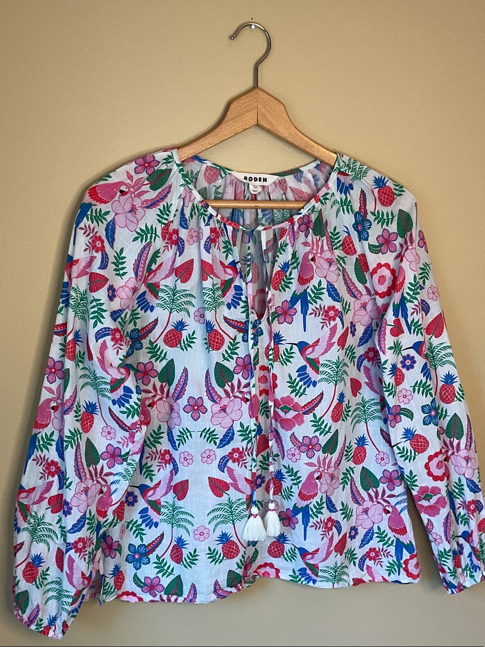 Boden Pink Floral Peasant Blouse with Tassel Tie